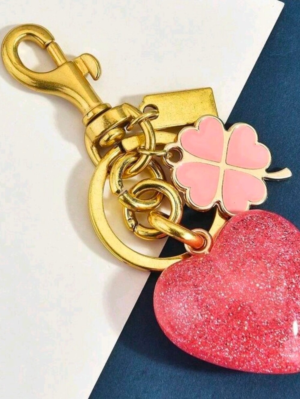 Gold-Tone Key & Card Holder with Pink Clover and Pink Heart Charm